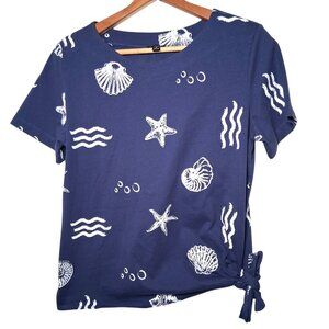 Links Shirt Women Small Blue Tie Waist Starfish Seashell Beach Beachy Coastal